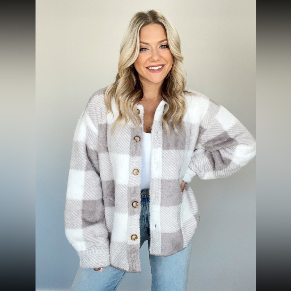 Lane 201 Snowy Haven Fleece Button Jacket Cloud White & Gray Plaid XL
